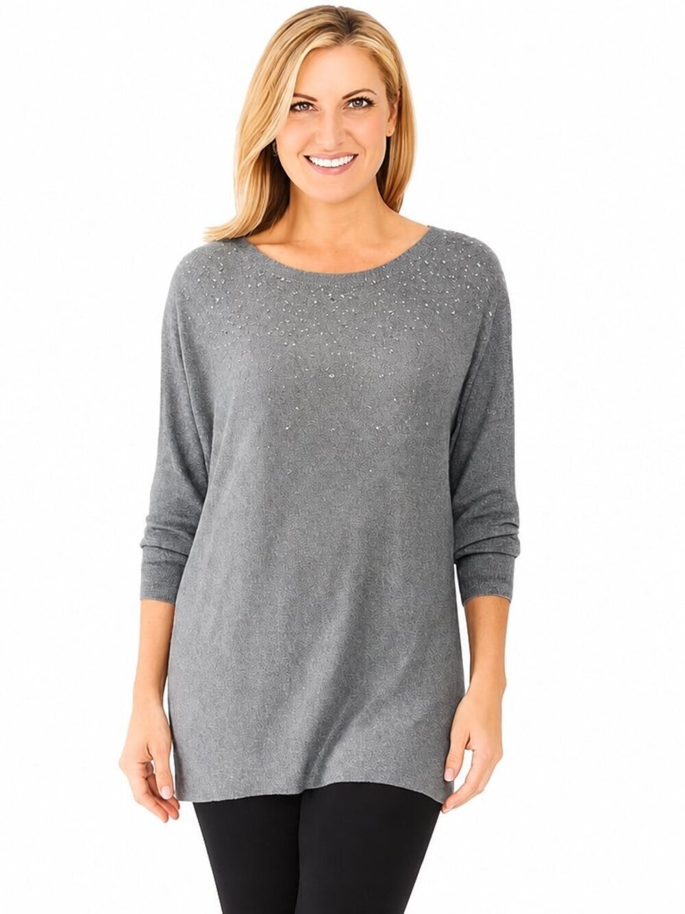 Chico’s Metallic Silver Rhinestone Sweater Size 3 XL Bedazzled Sparkle